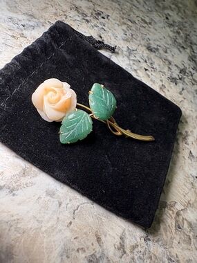 Vintage ITALY 14k solid Gold with Coral Rose and Jade Leaves Brooch